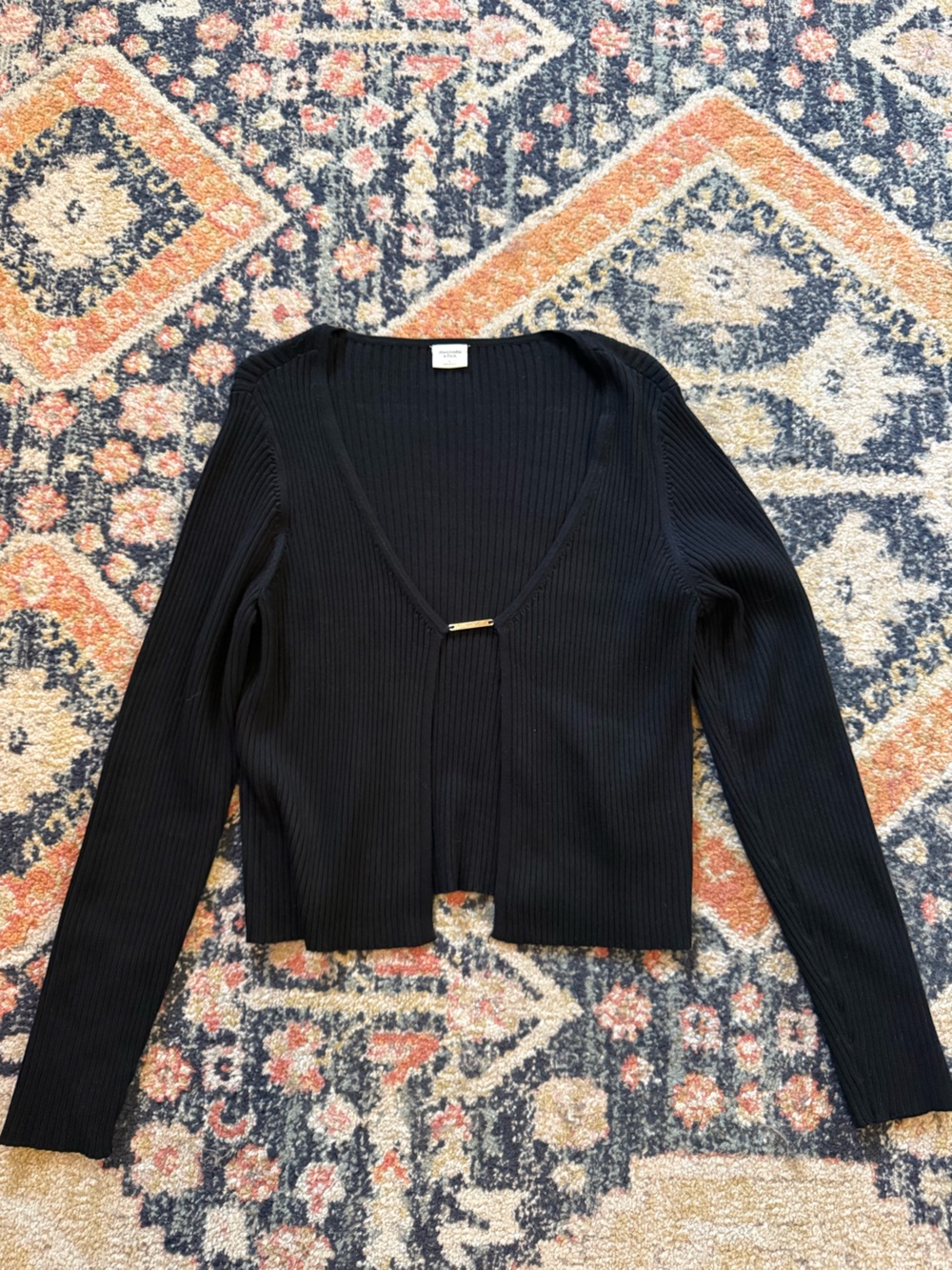 Abercrombie & Fitch Black Ribbed Top cardigan long sleeve with Gold clasp